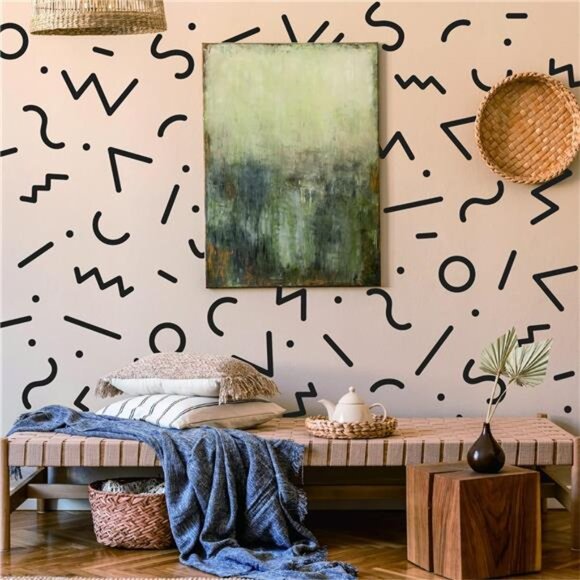Black Geometric Wall Decals Vinyl Peel Stick Modern Abstract Lines Dots Circle A - Picture 6 of 8